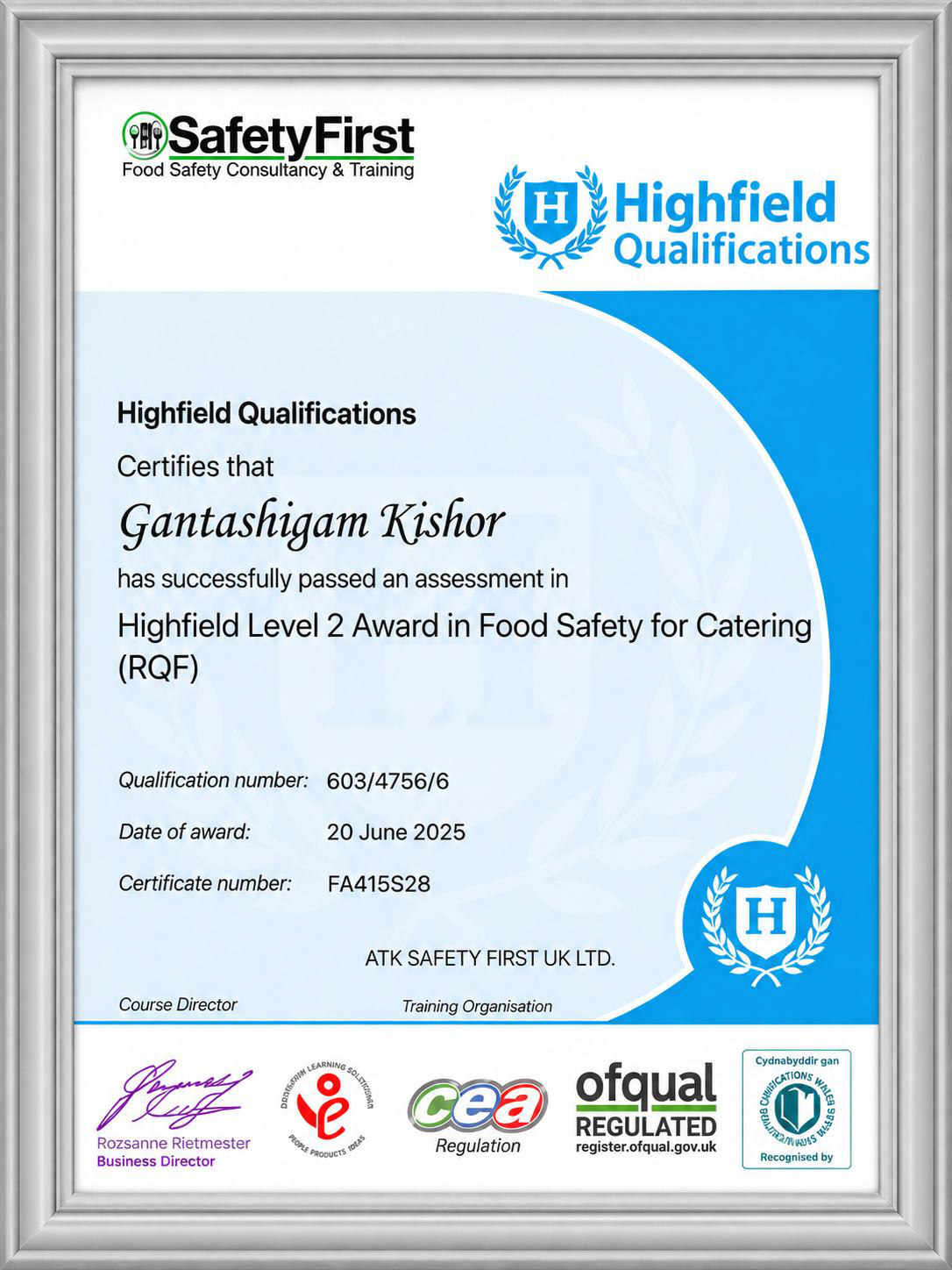 Highfield certificate example